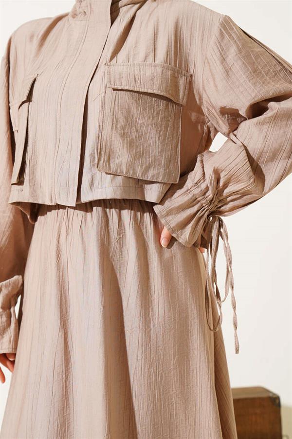 Chest Pocket Zippered Skirted 2 Piece Set Latte