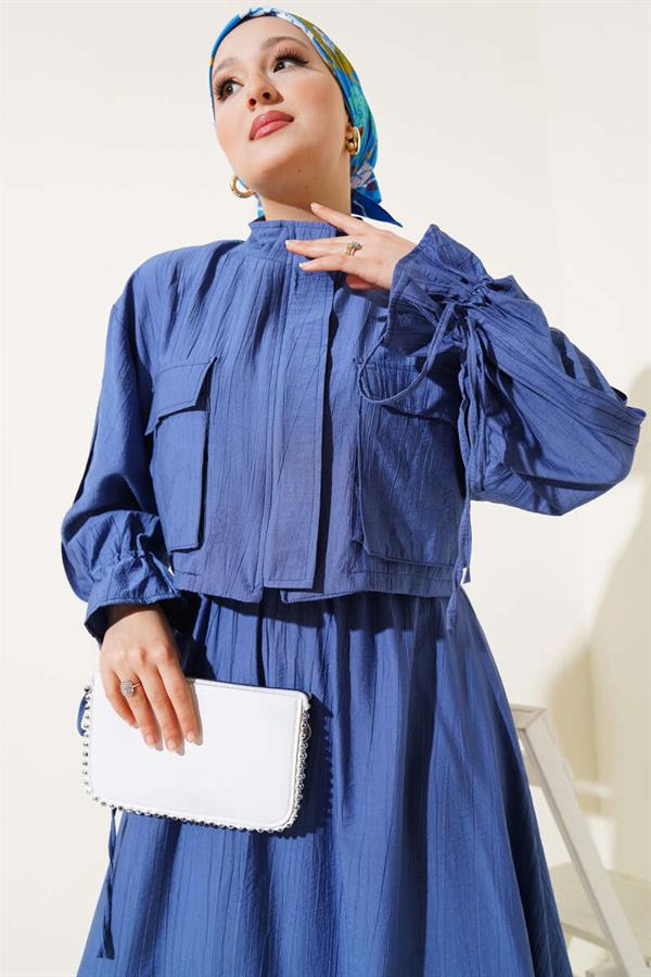 Chest Pocket Zippered Skirted 2 Piece Set Indigo