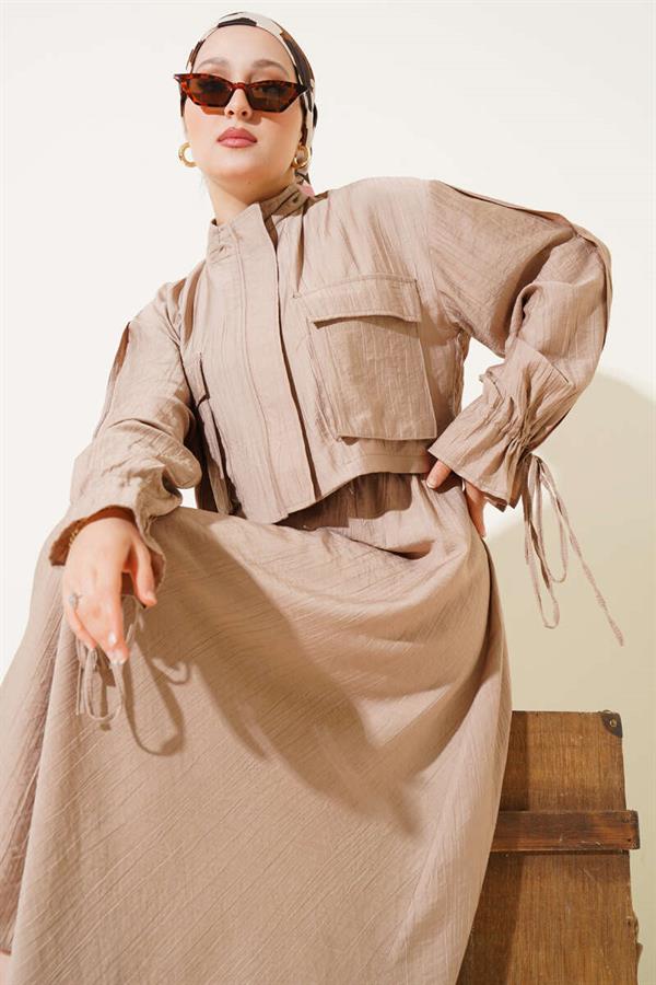 Chest Pocket Zippered Skirted 2 Piece Set Latte