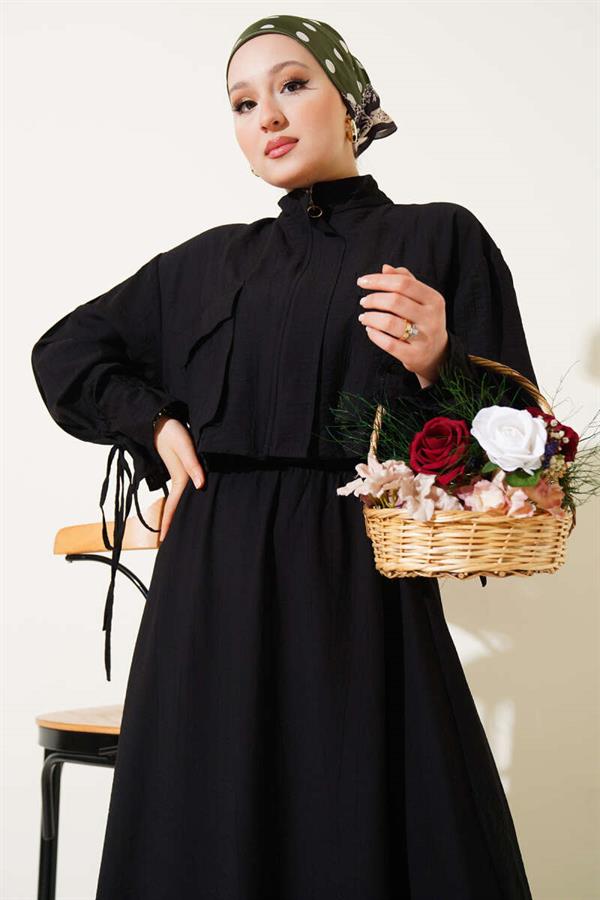Chest Pocket Zippered Skirted 2 Piece Set Black
