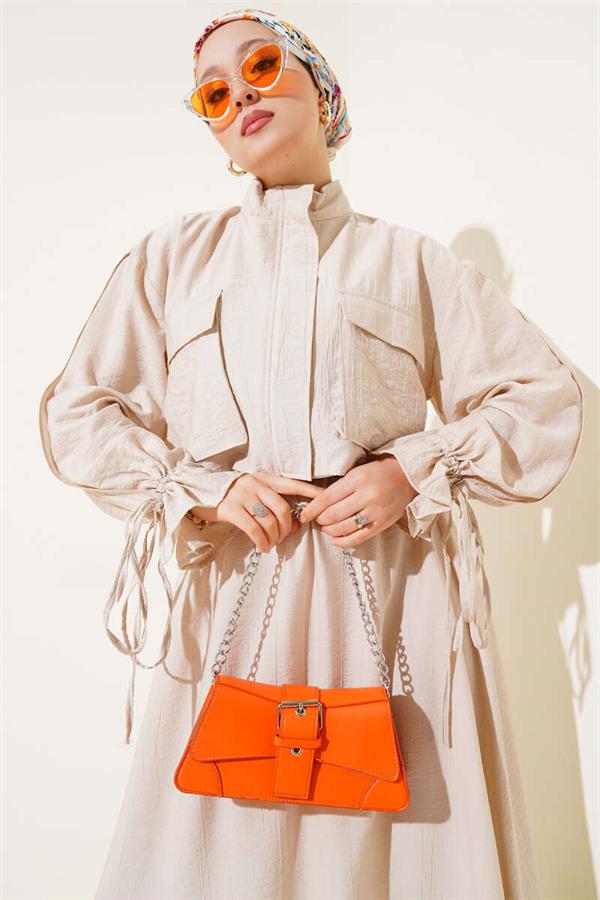 Chest Pocket Zippered Skirted 2 Piece Set Beige