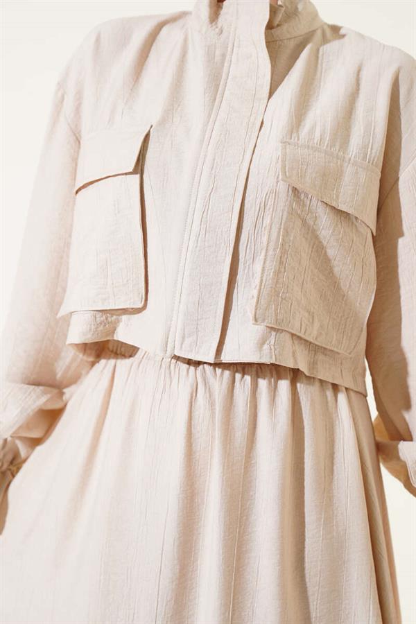 Chest Pocket Zippered Skirted 2 Piece Set Beige