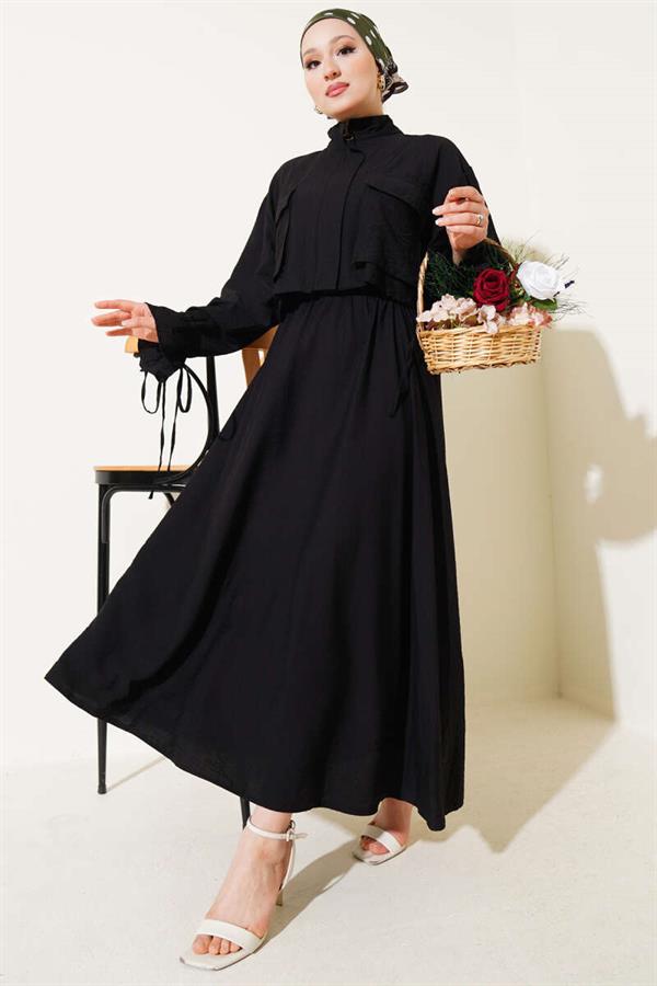 Chest Pocket Zippered Skirted 2 Piece Set Black