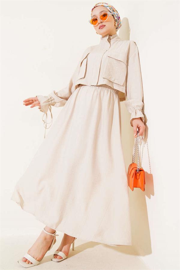 Chest Pocket Zippered Skirted 2 Piece Set Beige