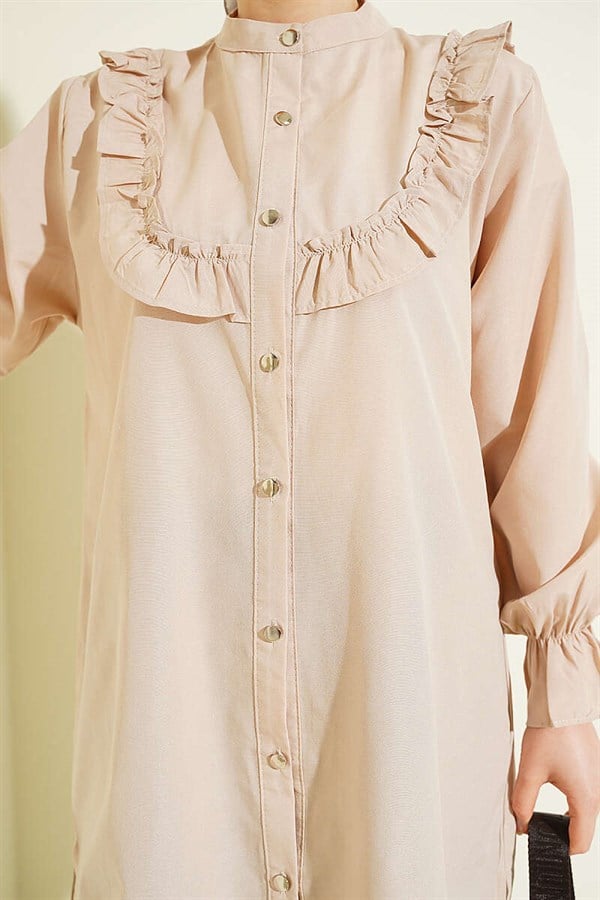 Shirt with Ruffle Detail on the Chest, Beige