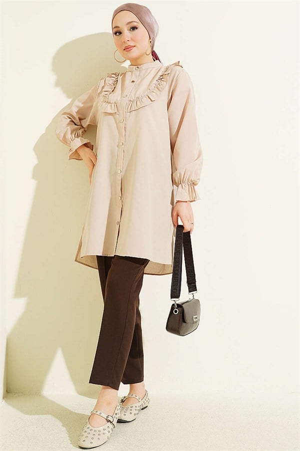 Shirt with Ruffle Detail on the Chest, Beige