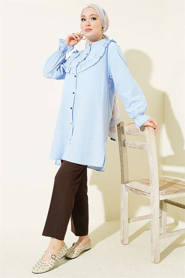 Shirt with Ruffle Detail on the Chest, Blue