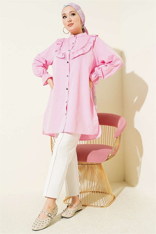 Pink Shirt with Ruffle Detail on the Chest