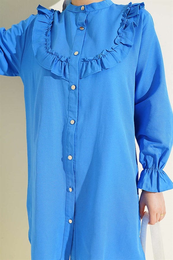Shirt with Chest Ruffle Detail, Navy Blue