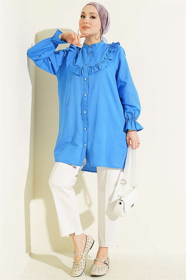 Shirt with Chest Ruffle Detail, Navy Blue
