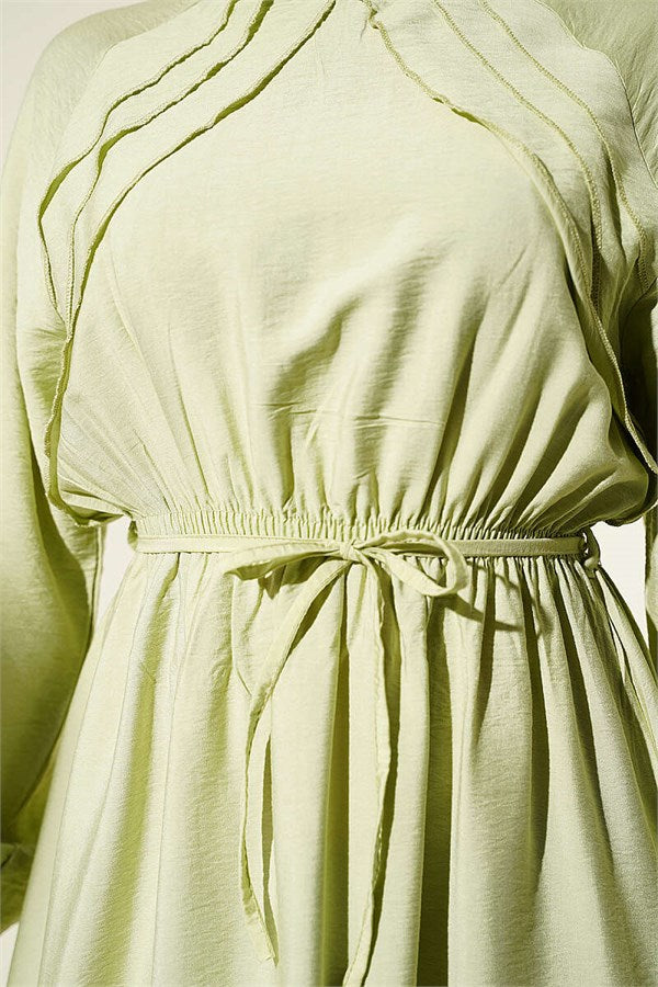 Light Green Dress with Ruffle Detail and Strappy Belt
