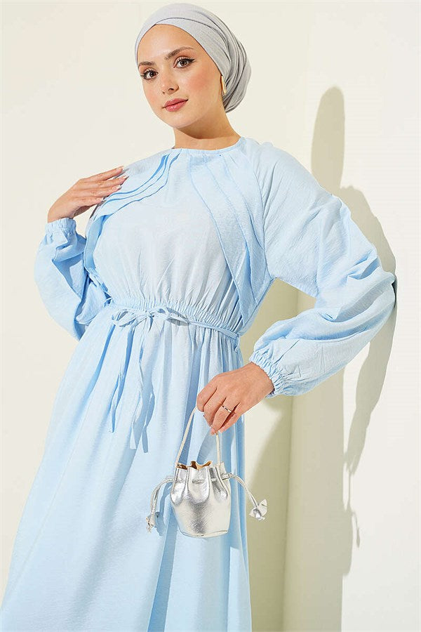 Blue Dress with Ruffle Detail and Strappy Belt