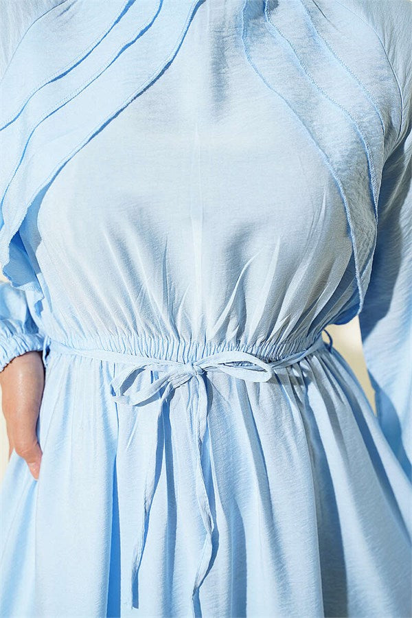 Blue Dress with Ruffle Detail and Strappy Belt