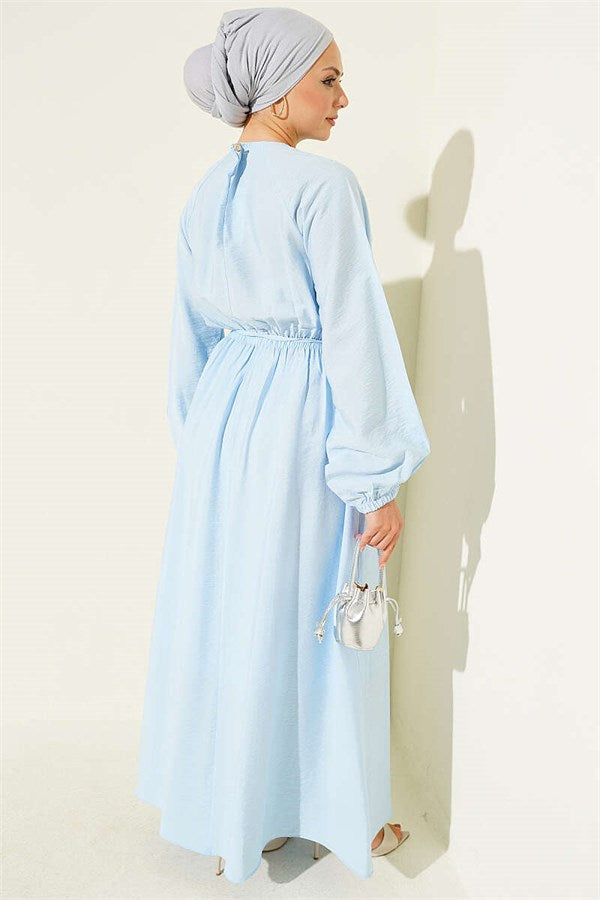 Blue Dress with Ruffle Detail and Strappy Belt