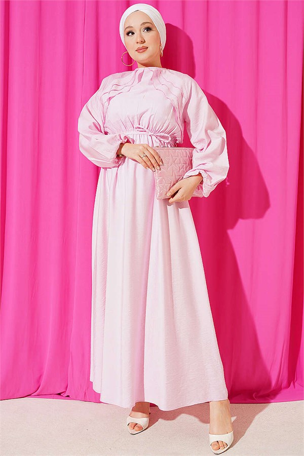 Pink Dress with Ruffle Detail and Strappy Belt