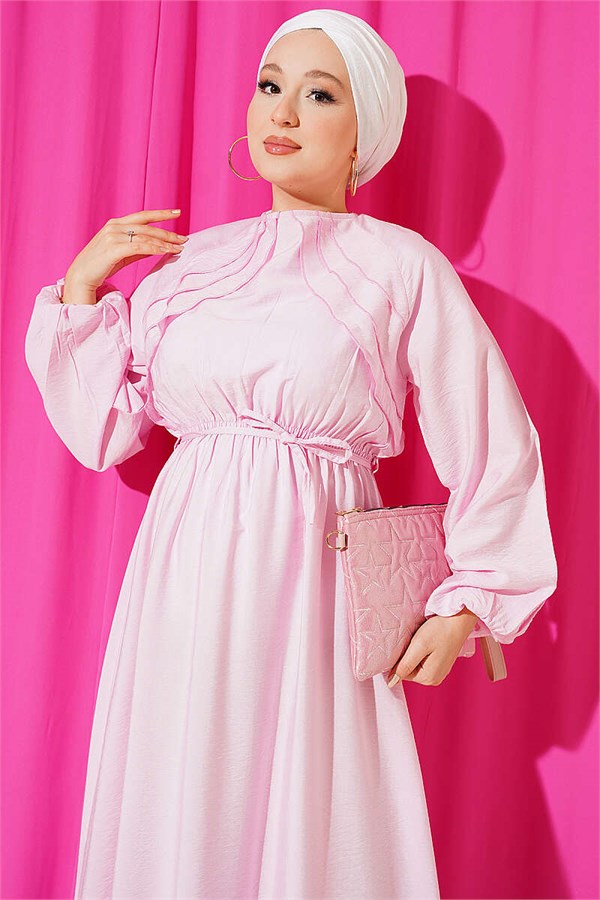Pink Dress with Ruffle Detail and Strappy Belt