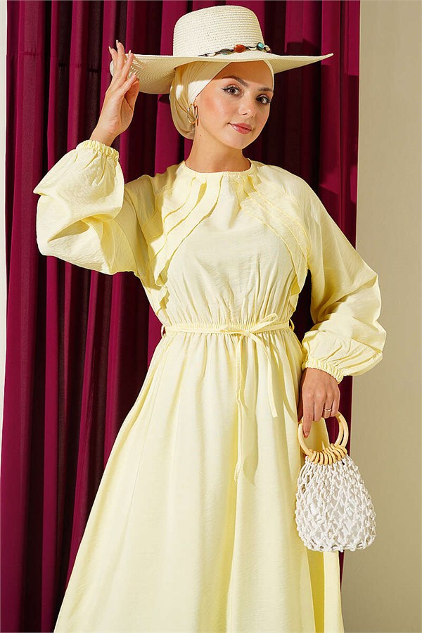 Yellow Dress with Ruffle Detail and Strappy Belt
