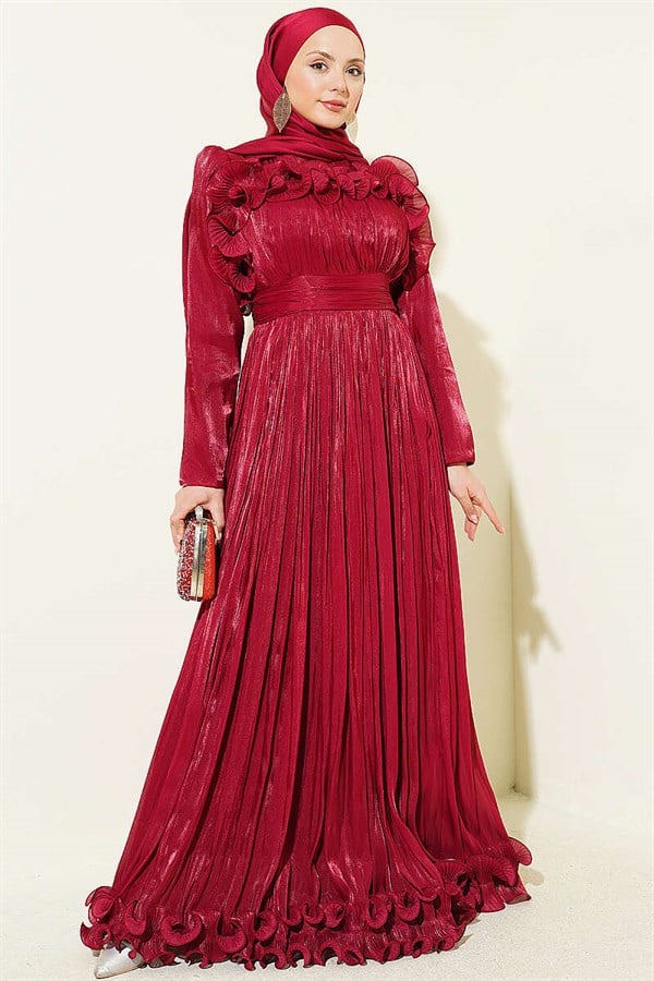 Burgundy Evening Dress with Ruffled Bust