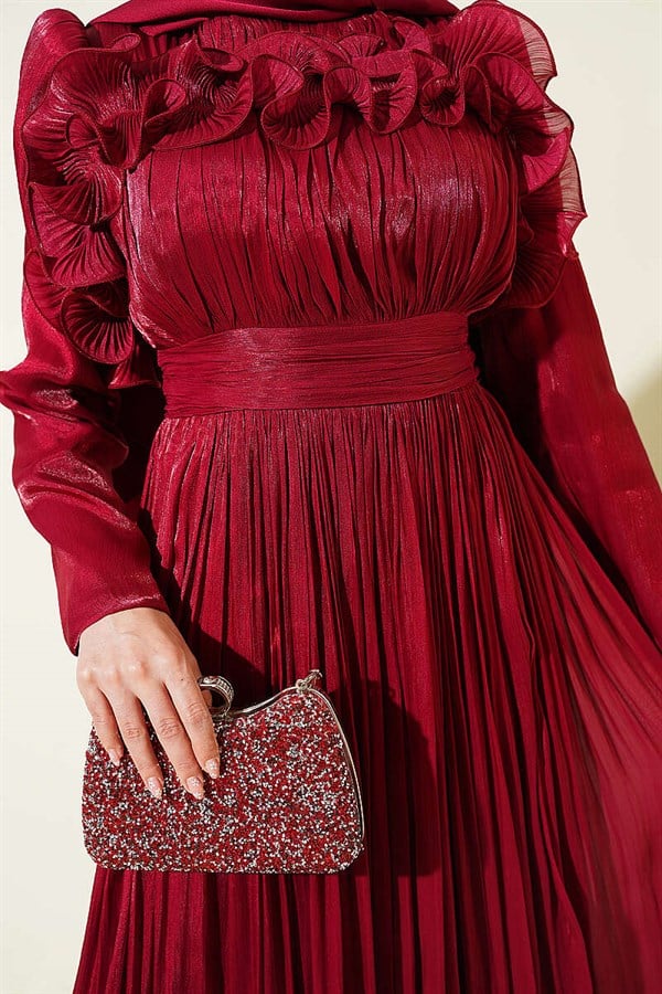 Burgundy Evening Dress with Ruffled Bust