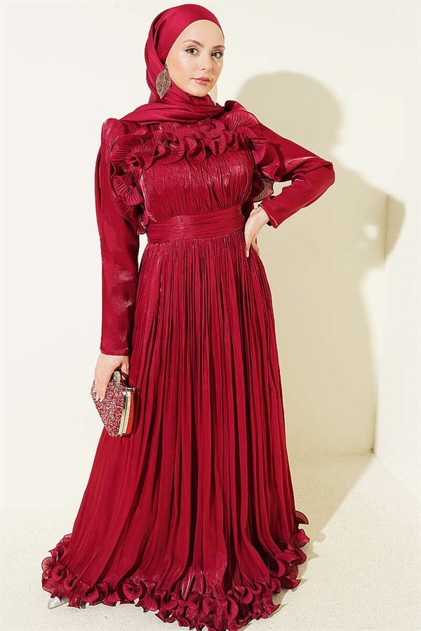 Burgundy Evening Dress with Ruffled Bust