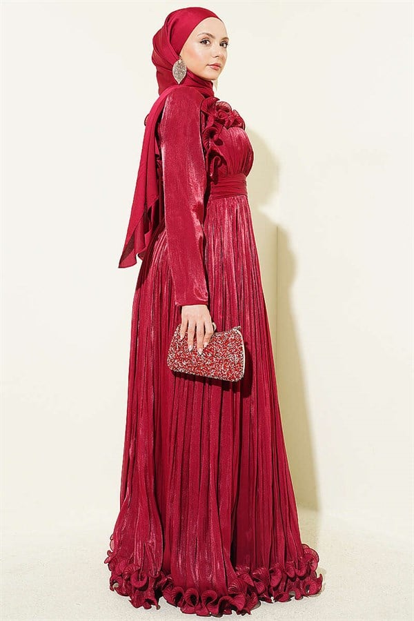 Burgundy Evening Dress with Ruffled Bust