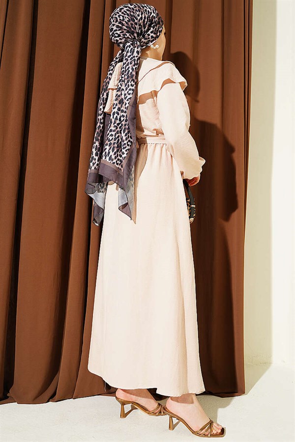 Beige Dress with Ruffled Bust and Belt