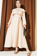 Beige Dress with Ruffled Bust and Belt