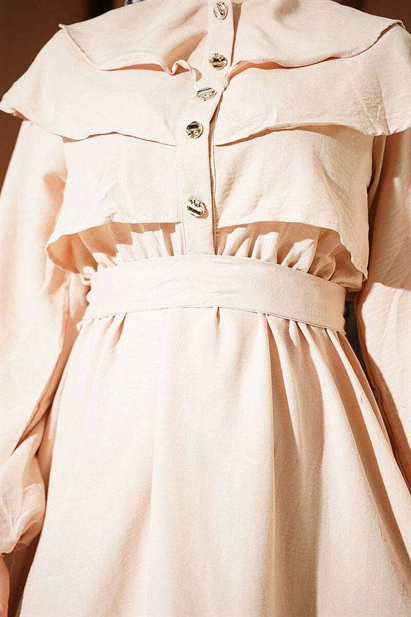 Beige Dress with Ruffled Bust and Belt