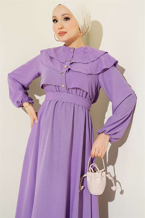 Lilac Dress with Ruffled Bust and Belt