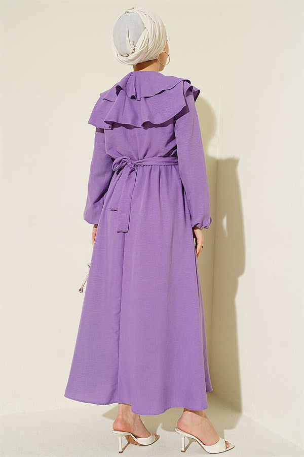Lilac Dress with Ruffled Bust and Belt