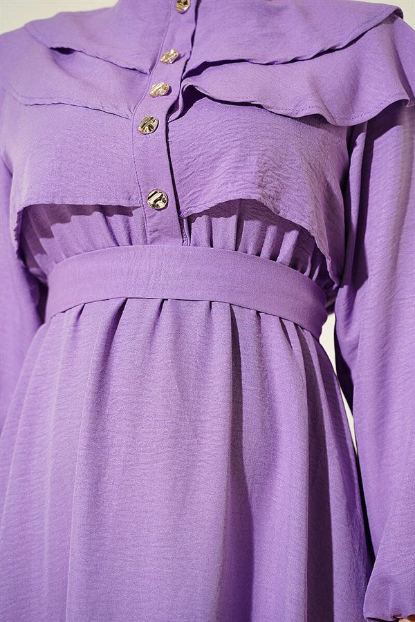 Lilac Dress with Ruffled Bust and Belt