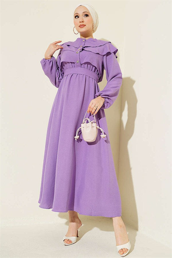 Lilac Dress with Ruffled Bust and Belt