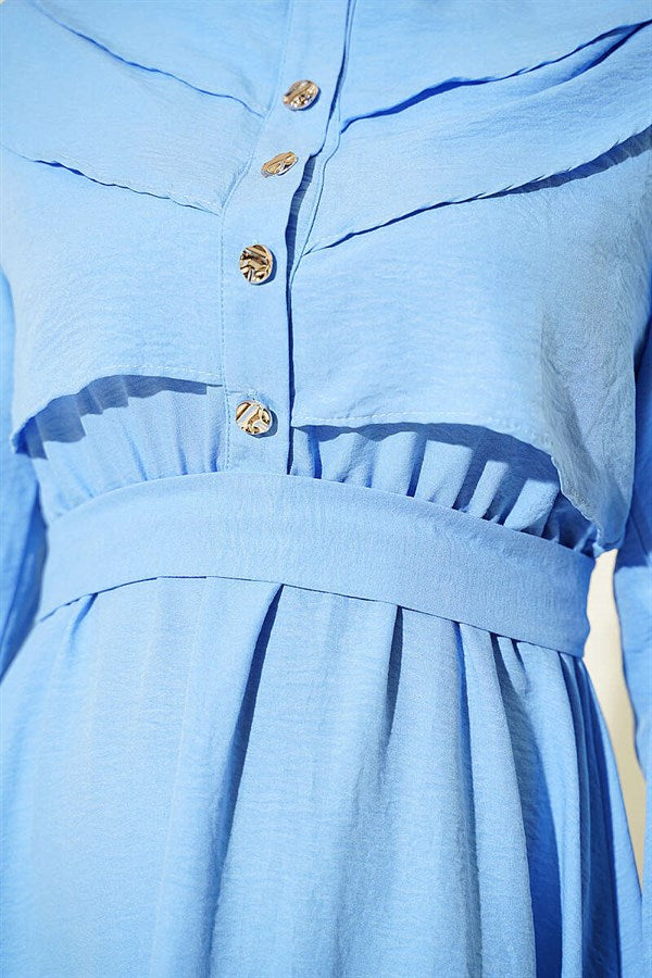 Blue Dress with Ruffled Bust and Belt