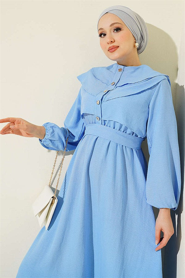 Blue Dress with Ruffled Bust and Belt