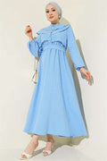 Blue Dress with Ruffled Bust and Belt