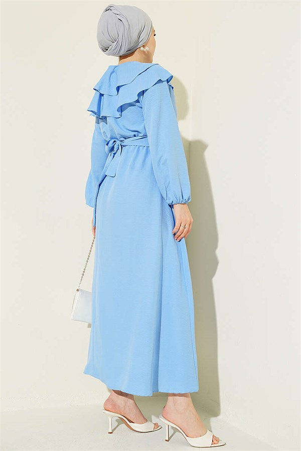 Blue Dress with Ruffled Bust and Belt