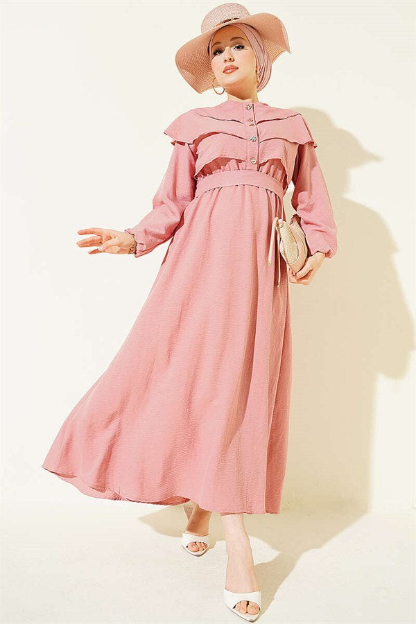 Powder Pink Dress with Ruffled Bust and Belt