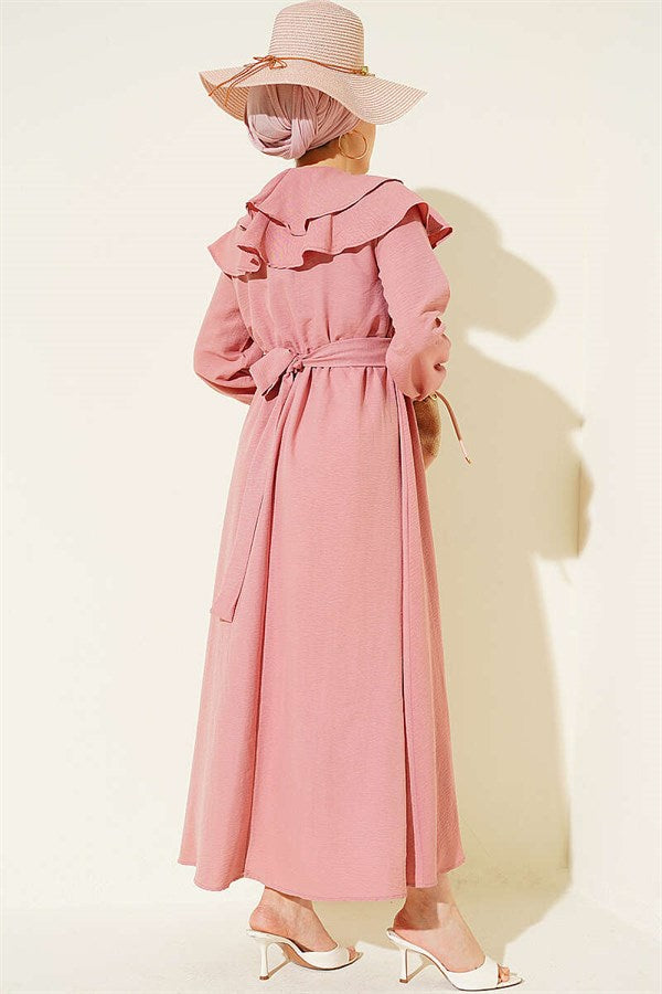 Powder Pink Dress with Ruffled Bust and Belt