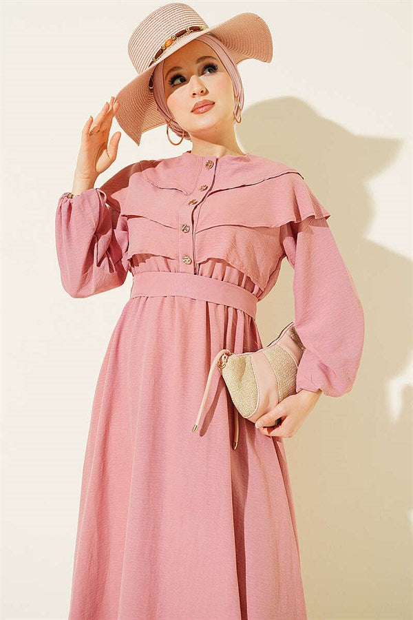 Powder Pink Dress with Ruffled Bust and Belt