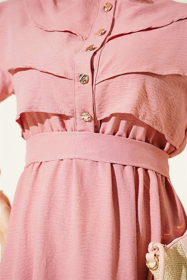 Powder Pink Dress with Ruffled Bust and Belt