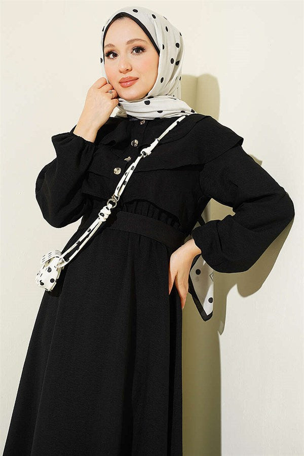 Black Dress with Ruffled Bust and Belt