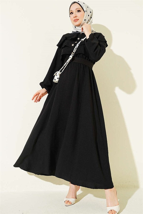 Black Dress with Ruffled Bust and Belt