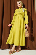 Olive Green Dress with Ruffled Bust and Belt