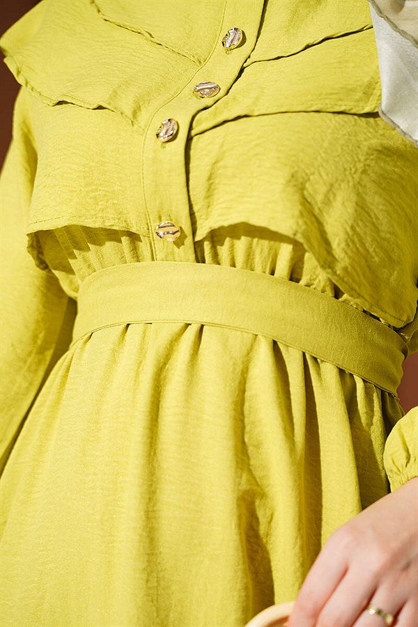 Olive Green Dress with Ruffled Bust and Belt