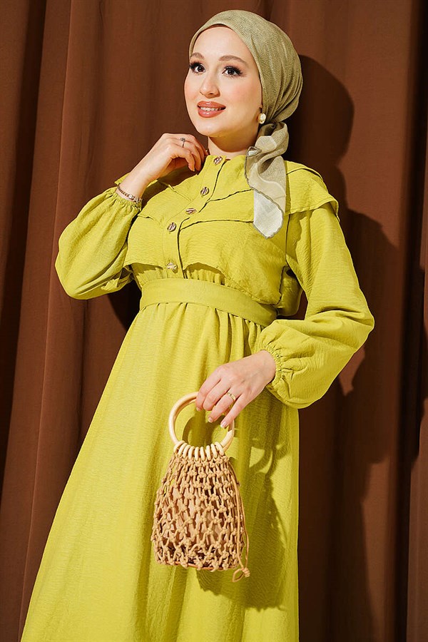 Olive Green Dress with Ruffled Bust and Belt