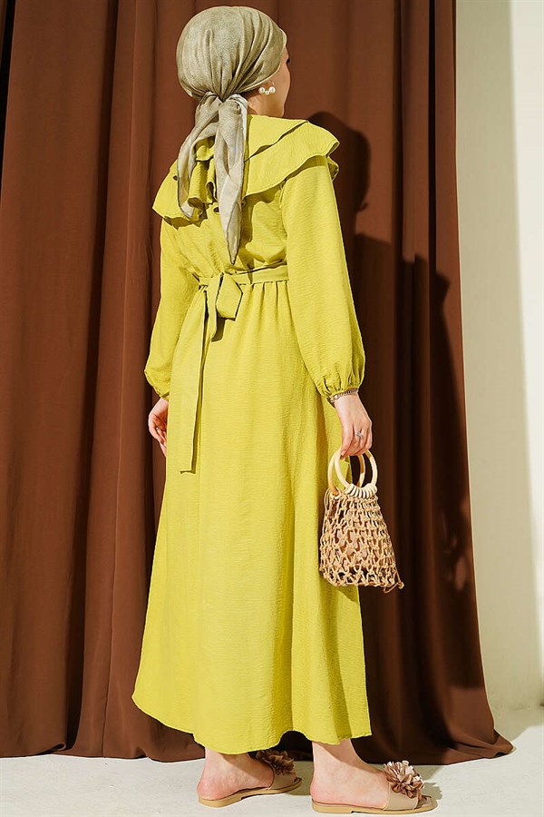 Olive Green Dress with Ruffled Bust and Belt