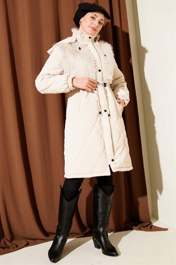 Beige Quilted Hooded Coat with Fur Chest Lining