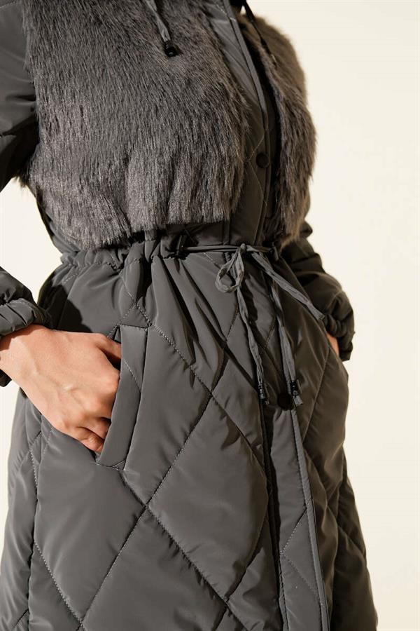 Hooded Quilted Coat with Fur Chest, Dark Gray