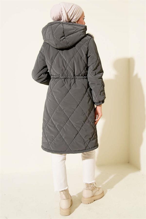Hooded Quilted Coat with Fur Chest, Dark Gray