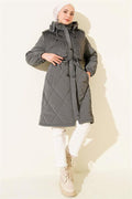 Hooded Quilted Coat with Fur Chest, Dark Gray
